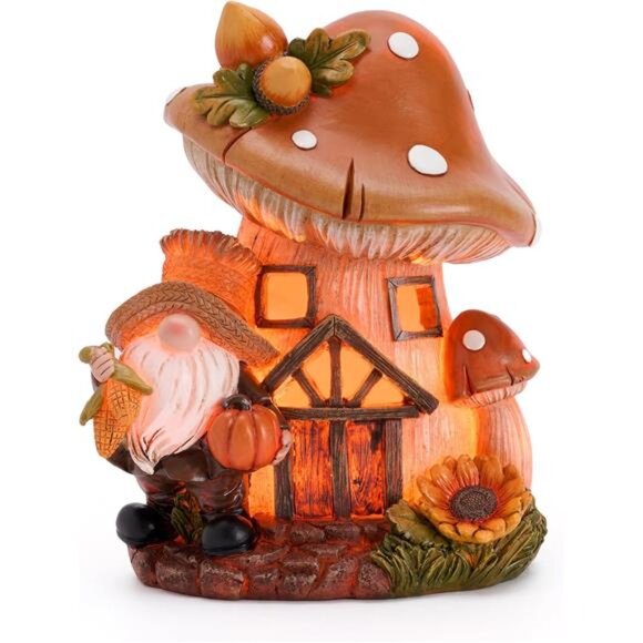 Gnomes Fall Decorations, Mushroom Fairy House Statues - 6.6in Thanksgiving Decor - Picture 1 of 7